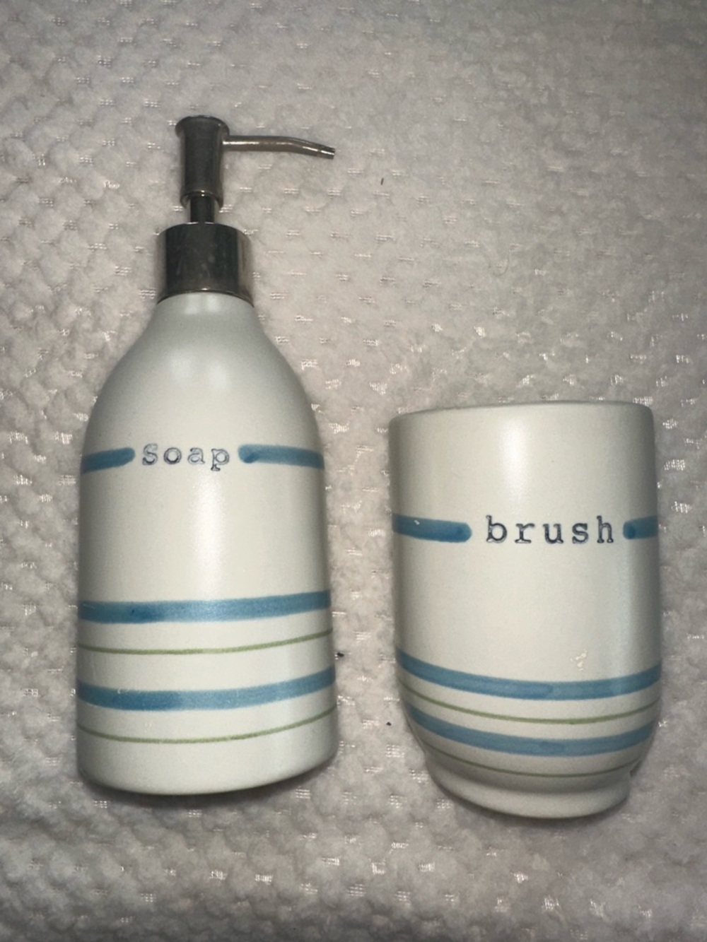White Ceramic Soap Dispenser & Brush Cup with Blue and Green Stripes